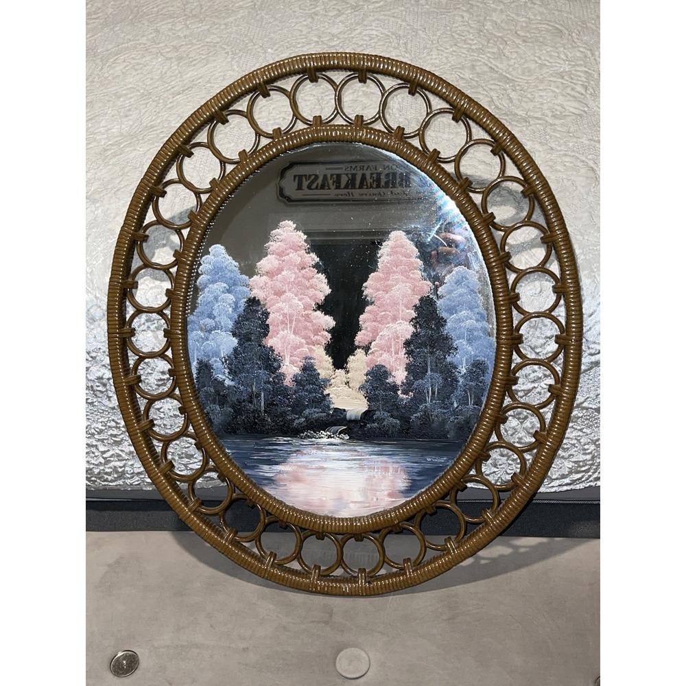 Vintage Faux Rattan Oval Frame Autumn Scene Forest Original Painted on Mirror.